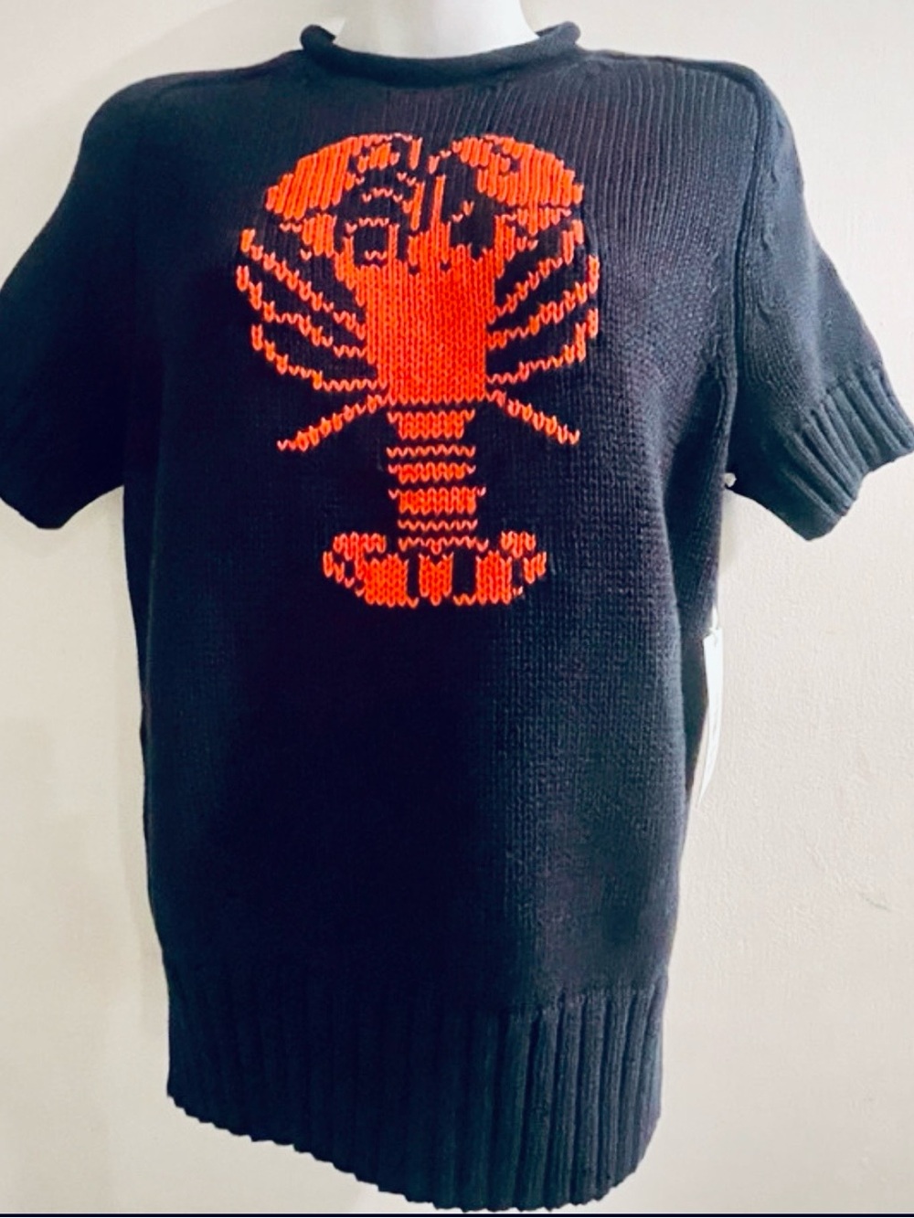 Free Assembly Navy Blue Crewneck Cotton Sweater with Orange Lobster XS